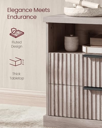 VASAGLE Nightstand with Charging Station, 2 Drawers, Open Shelf