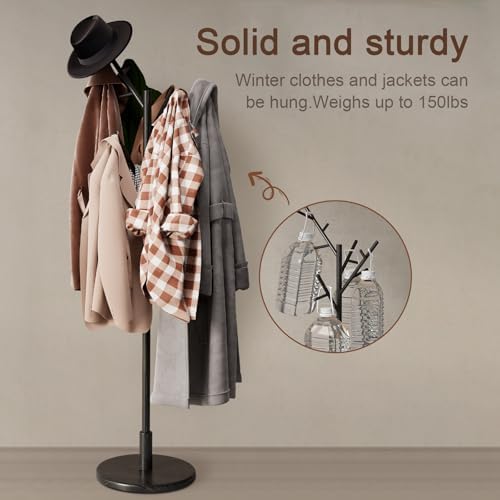 Coat Rack, Solid Wood Coat Rack Freestanding with 12 Hooks, Coat tree freestanding 3 Adjustable Heights for coat, Hats, Handbags, Coat Stand for Entryway, Bedroom (Black)