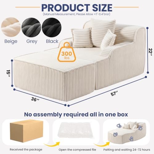 Oversized Chaise Lounge Chair Indoor, Corduroy Boneless Couch Sofa Bed, Cloud Lounge Chair Reading Chair With Pillow&Removed Ottoman, Deep Seat Sleeper Chair Bed For Living Room,Bedroom(Beige)