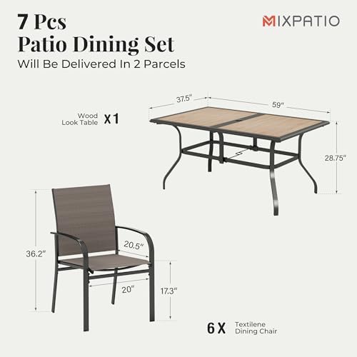 MIXPATIO 7pc Patio Dining Set, 60" Metal Table(PVC Top), 6 Brown Chairs