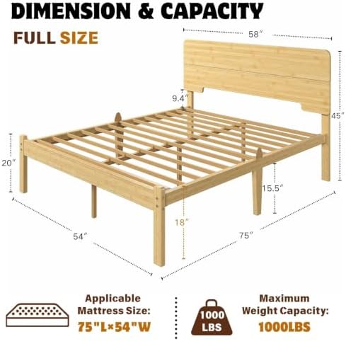 18 Inch Solid Bamboo Wood Full Size Bed Frame with Headboard, Platform Bed Frame Full with Metal Slats, No Box Spring Needed, Easy Assembly, Noise-Free, Natural