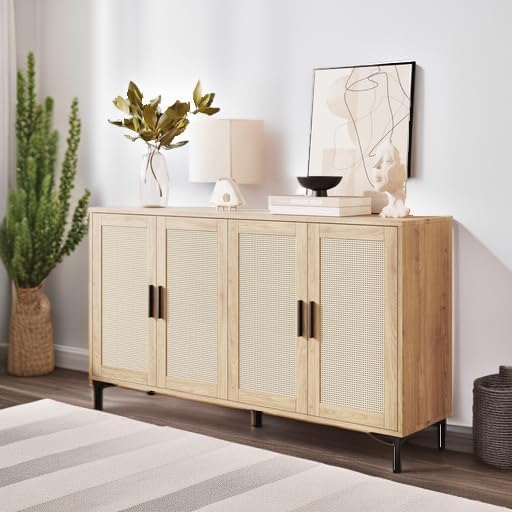 JASIWAY Buffet Cabinet with Storage, 48" Rattan Coffee Bar Cabinet Station | Accent Sideboard with Adjustable Shelves, Credenza for Dining Room, Kitchen, Living Room, Entryway, Anti-Tip, Wood