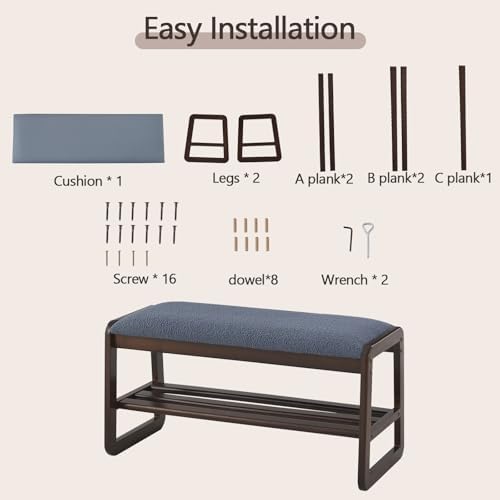 Shoe Rack Bench, 2 Tier Solid Wooden Entryway Bench(Grayish Blue, 31.5")
