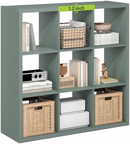 9-Cube Bookshelf, Cubicle Shelf Bookcase with Open Back, Position Reversible Book Shelf, 15 x 44 x 44, for Home Office, Living Room, Sage Green