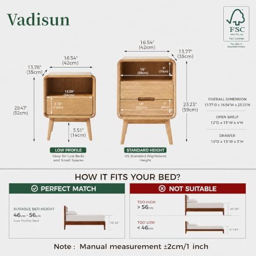 Solid Oak Wood Nightstand with Drawer & Open Shelf, Small