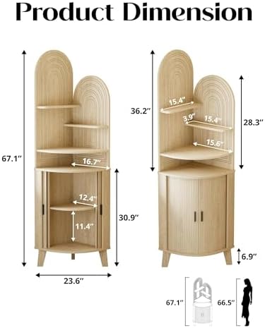 Small Corner Cabinet with Sliding Door and Storage, Tall Corner Bathroom Cabinet for Kitchen, Living Room, Corner Shelf Display Storage Cabinet, Oak