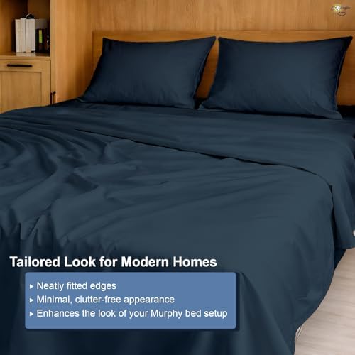 Cottington Lane Navy Blue Sheets for Murphy Bed Mattress, 4 Piece Premium Ultra Soft Brushed Microfiber Twin Size Wall Bed Sheet Set, 6-10 Inch Deep Pocket with All-Around Elastic