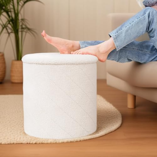 B FSOBEIIALEO Ottoman with Stroage, 17" Round Boucle Ottomans, Cream White