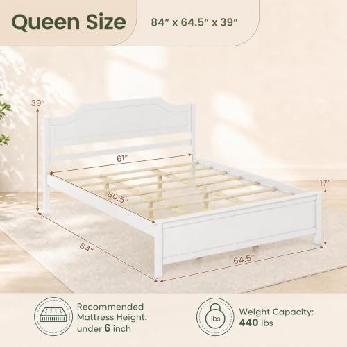 KOMFOTT Queen Size Bed Frame with Headboard, Wood Platform Bed (White)