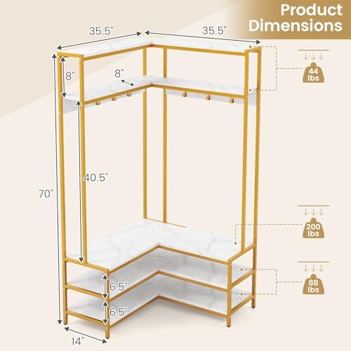 GIANTEX Corner Coat Rack, L-Shaped Hall Tree with Bench and Shoe Storage