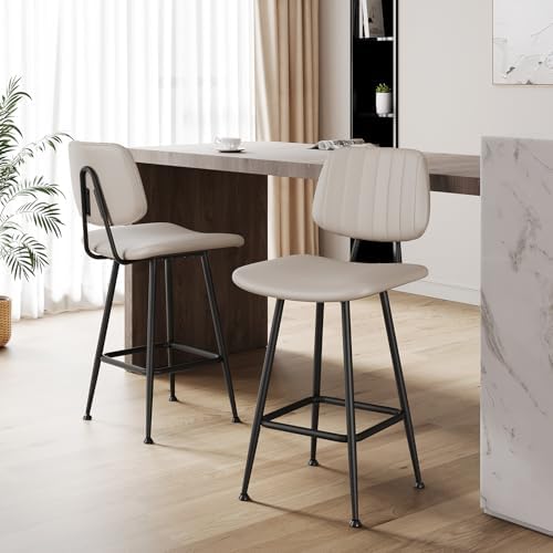 Raynesys 24-Inch Leather Bar Stools Set of 2 with High Backrest, Beige