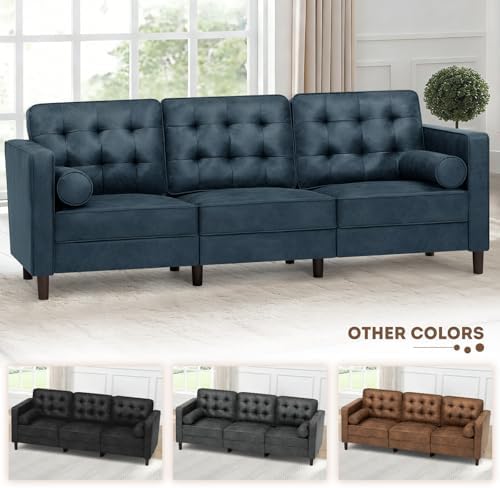 84" Suede Leather Sofa with 2 Soft Pillows, Blue