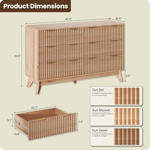 47" Wide Fluted 6 Drawers Dresser for Bedroom,Curved Edge,Oak