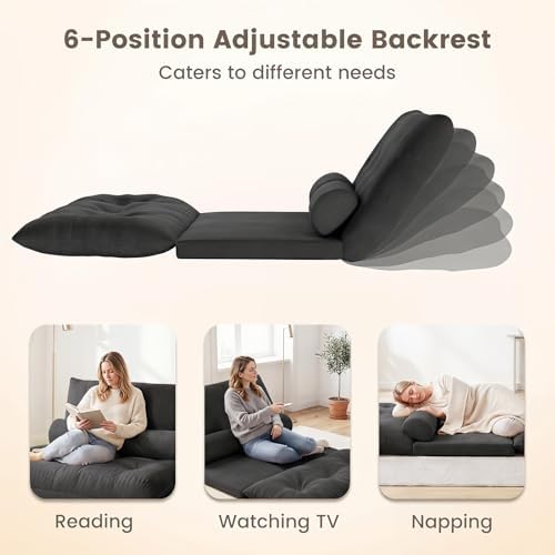 GIANTEX Adjustable Floor Sofa Couch with 2 Pillows, Multi-Functional 6-Position Foldable Lazy Sofa Sleeper Bed, Multi-Functional Suede Floor Seating for Reading Gaming (Black)