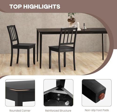 Wood Dining Chairs Set of 6, Black Kitchen Chairs with Solid Rubber Wood Legs, Non-Slip Foot Pads, Max Load of 400 Lbs, Farmhouse Seat Slat High Back Dining Room Chairs