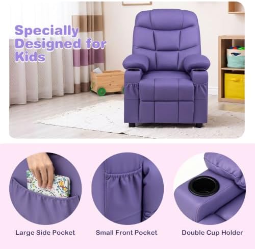 Costzon Kids Recliner Chair with Cup Holder, Adjustable PU Leather Lounge Chair Ages 3-12 w/Side Pockets for Children Boys Girls Room Reading Gaming Relaxing, Toddler Sofa, Kids Recliner (Purple)