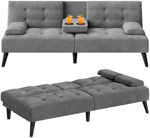 64" Futon Sofa Bed, Small Couch with 2 Cup Holders, Grey