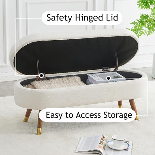 IAFIKE Oval Storage Bench 43.5" Ottoman Bench Upholstered Boucle Fabric Footrest Bench with Golden Metal Legs End of Bed for Bedroom, Living Room, Entryway,Bed Side (Ivory)