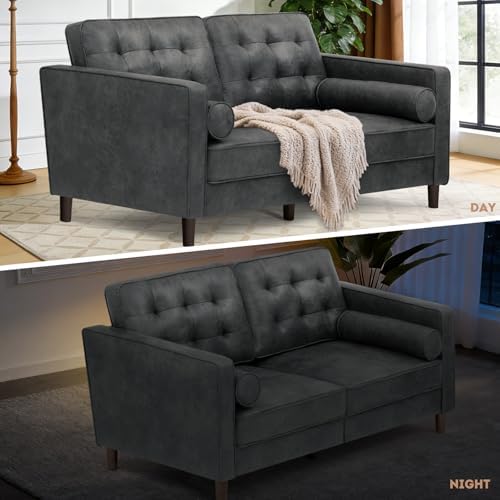 67" Suede Leather Loveseat Sofa with 2 Soft Pillows, Grey