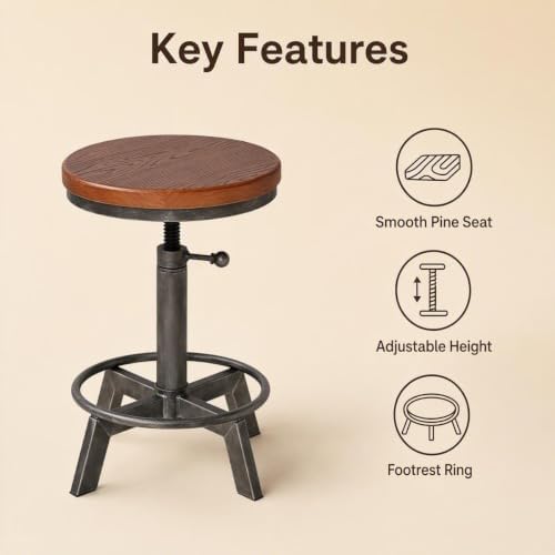 Set of 2-Industrial Bar Stool-Rustic Counter Height Chairs for Kitchen Island-Farmhouse Swivel Wooden Seat- Adjustable 17.7-24inch
