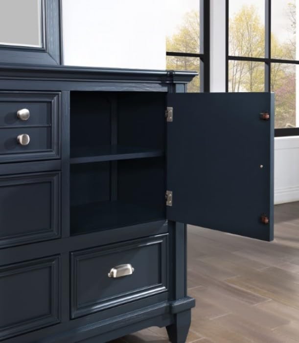 First of a Kind Queen Size Transitional Bedroom Furniture 4 Piece Set in Slate Blue - Panel Headboard Molding Footboard Drawers Nickel Knobs, Bed, Dresser, Mirror & Nightstand