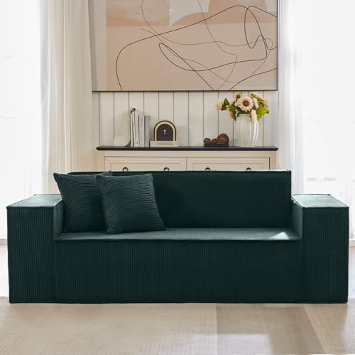 SUYOLS Corduroy Cloud Couch with Pillow, Premium Memory Foam, No Assembly Required, Deep Seat Sofa in Box, Space-Saving Chair for Home, Living Room, Bedroom, Apartment, Office, 3-Seater, Dark Green