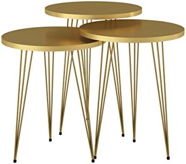Set of 3 High Gloss Gold Nesting End Tables Round Wood Stacking Coffee Side Accent Table with Metal Legs for Living Room, Home Office, Nightstands for Bedroom