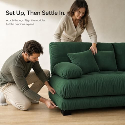 173.2" Chenille Cloud Couch, L Shaped Sofa Couch Ottoman, Green