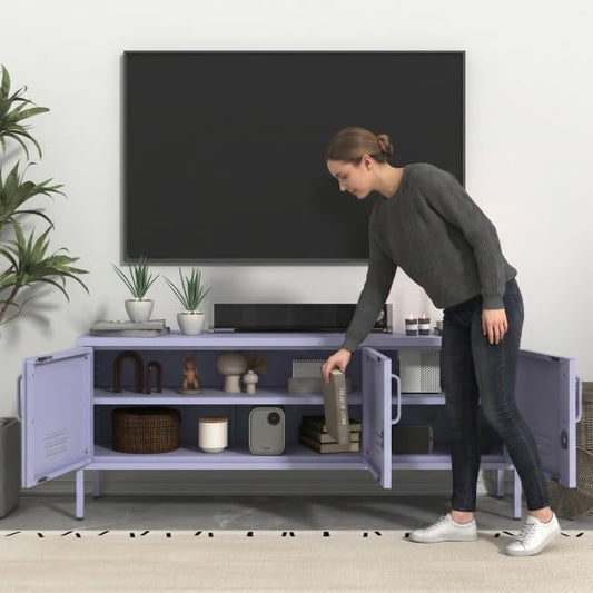 3 Door TV Stand with Storage Locke Metal TV Cabinet with 2-Tier Multi-Purpose Lockable Wide Storage Cabinet, Media Console Table with Metal Legs for Living Room, Bedroom,Office,Purple 