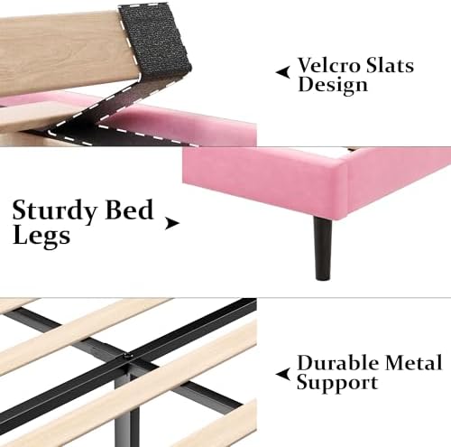 Gruwans Queen Size Bed Frame with Upholstered Wingback Headboard, Easy Assemnly Platform Bed, Wooden Slat Support No Box Spring Needed, Pink Velvet