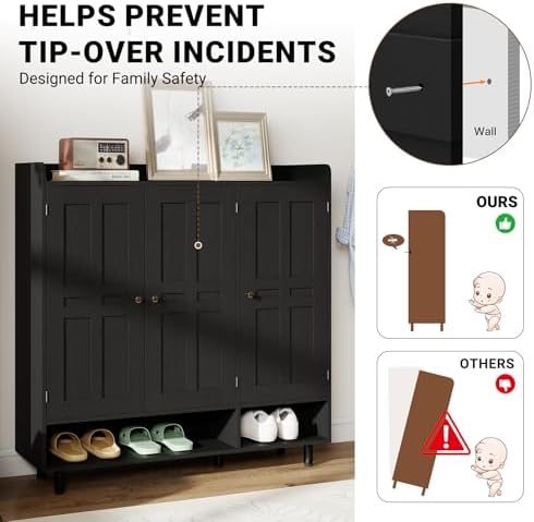 Shoe Cabinet with 3 Doors and Adjustable Shelves, Large Shoe Storage Cabinet for 24–30 Pairs, Modern Farmhouse Shoe Organizer with Open Bottom Shelf for Entryway, Living Room, Black