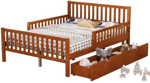 Bellemave Kids Full Bed Frame with Fences and 2 Drawers, Full Size Wooden Platform Bed with Guardrails on Both Sides for Boys Girls, Walnut