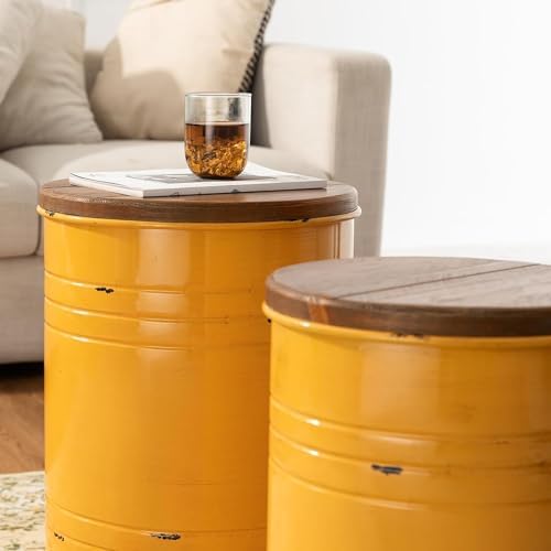 Glitzhome Nesting Tables for Living Room, Round Coffee Table Set of 2, Metal Farmhouse Small Accent End Table with Storage and Lid for Bedroom Office Plant Stander, Yellow