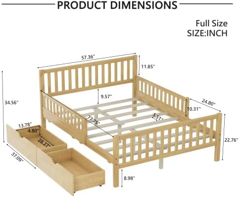 Bellemave Full Size Kids Platform Bed with Fences and 2 Drawers, Wooden Full Bed Frame with Guardrails on Both Sides for Boys Girls, Natural