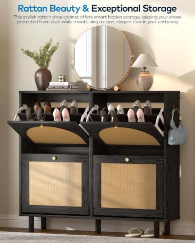 Narrow Rattan Shoe Storage Cabinet for Entryway with 4 Flip Drawers, 39.4" Wide Slim Freestanding Arched Woven Wood Hidden Shoe Organizer Cabinet for Hallway Foyer, (4 Flip Drawers, Black)