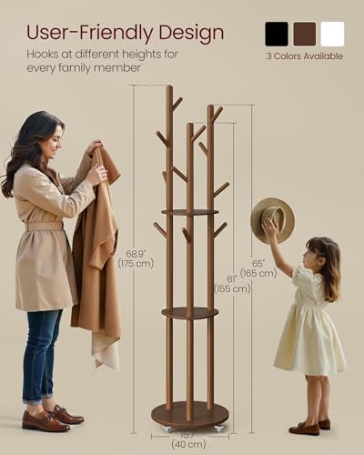 VASAGLE Freestanding Coat Rack Stand, with Wheels, 11 Hooks, 3 Shelves
