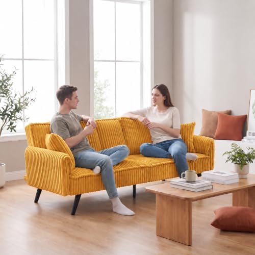 Corduroy Futon Sofa Bed, Convertible Couch with Cup Holders, Yellow