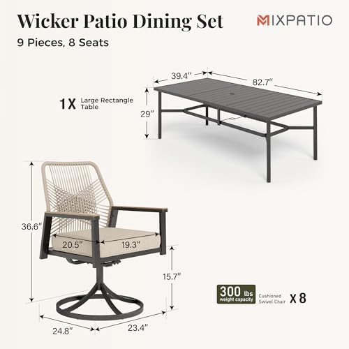 MIXPATIO 9pc Patio Dining Set, 83" Rectangular Metal Table, 8 Swivel Chairs
