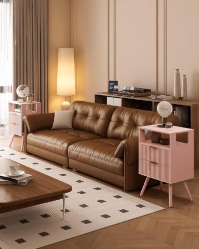 Leomonio Pink Nightstand,Modern Bedside Table with 2 Storage Drawer and Open Wood Shelf, for Bedroom and Small Spaces,Night Stand with Solid Wood Legs