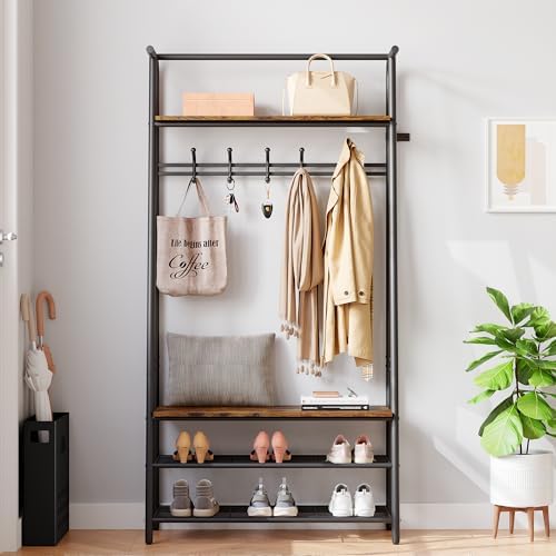 Entryway Hall Tree with Storage, Coat Rack Shoe Bench, 4-in-1 Metal Frame Hallway Organizer, Freestanding Industrial Accent Furniture for Living Room Bedroom