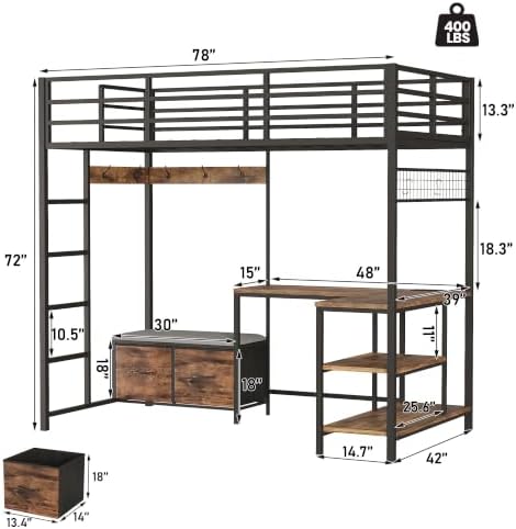 Twin Loft Bed with L-Shaped Gaming Desk, 2 Storage Drawers, RGB LED Lights
