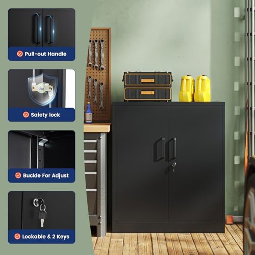 Yizosh Metal Garage Storage Cabinet with 2 Doors and 2 Adjustable Shelves - 35.5" Steel Lockable File Counter Cabinet for Home Office,Garage,Gym,School(Black) (Pack of 2)