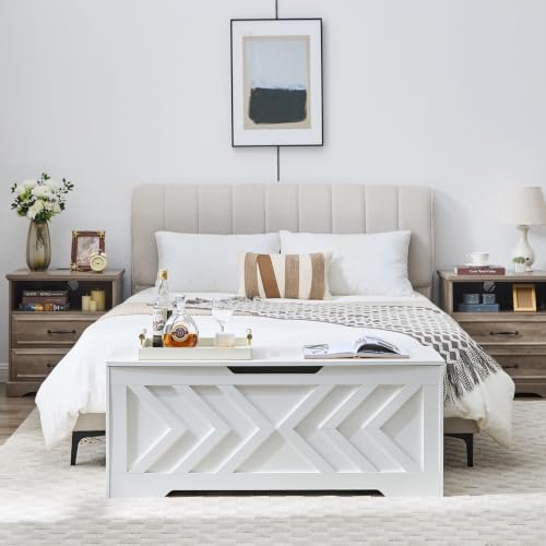 47.2” Storage Bench,Extra Large Wooden Storage Chest with 2 Safety Hinges,entryway Bench,Blanket Storage,Shoe Storage Bench for Entryway,Bedroom,Living Room,Easy Assembly. (White)