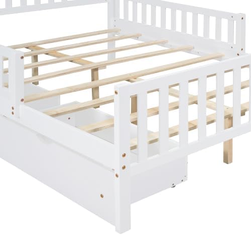 Bellemave Full Size Kids Platform Bed with Fences and 2 Drawers, Wooden Full Bed Frame with Guardrails on Both Sides for Boys Girls, White