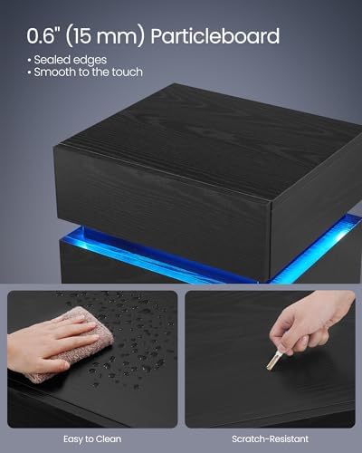 VASAGLE LED Nightstand with Charging Station, Set of 2, 3 Drawers