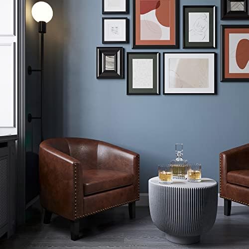 BELLEZE Accent Barrel Chair, Set of 2 Modern Faux Leather Tub Club Chair Upholstered Armchair with Gold Nail Head Trim and Black Legs for Living Room Bedroom Apartment Lounge - Brown