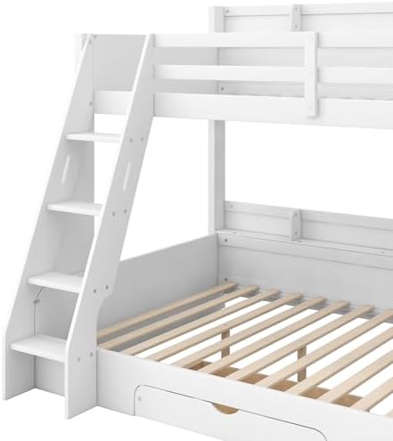 Wood Bunk Bed Twin Over Full Size with Built-in Storage Shelves and Charging Station, Versatile Bunk Bed Frame with Ladder and Guardrail for Kids Teens Adult, Maximize Space (White-5.6)
