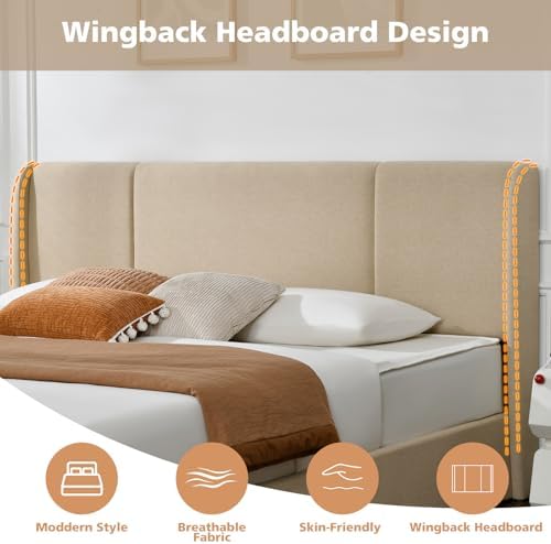 VELOCAVA King Lift Up Storage Bed Frame, Linen-Look Upholstered Bed with Modern Wingback Headboard, Hydraulic Lift Storage, Wood Slat Support, No Box Spring Needed, Beige