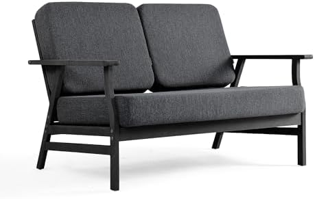 Pia Ricoo Outdoor Premium Teak Wood Loveseat with Armrests, All‑Weather Outdoor Furniture for Backyard, Deck, Lawn, Dark/Dark