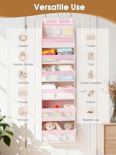 2 Pack Over the Door Organizer, 6-Shelf Closet Hanging Storage with 13 Mesh Pockets, 55lbs Capacity Behind the Door Storage for Baby Nursery, Bathroom, Bedroom, and Dorm, Pink